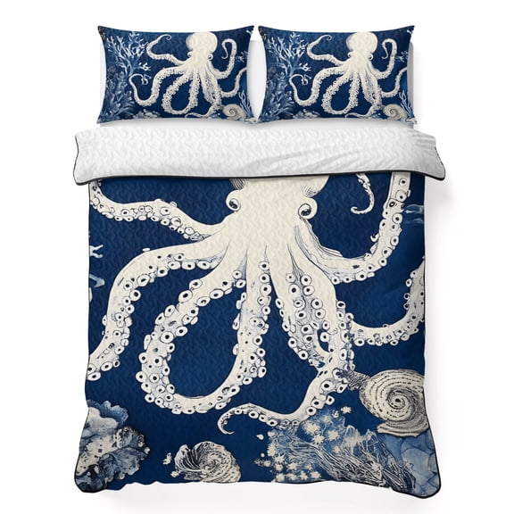 Full Quilt Set 78''x90'', Beige Octopus Coastal Lightweight Bedspread Coverlet Set with 2 Pillow Shams, Navy Blue Nautical Ocean Coral Breathable All Season Quilt Bedding for Bedroom/Guest Room