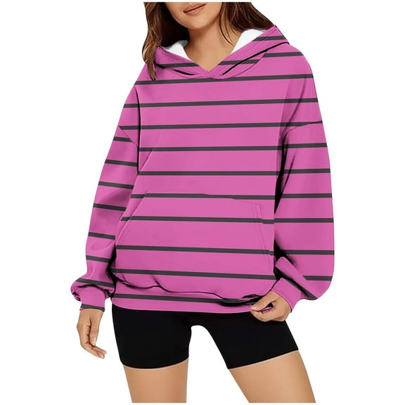 Ounisa Womens Pullover Fashionable Casual Stripe Sweatshirt Drawstring The Season Hoodie Long Sleeve Tops with Pocket