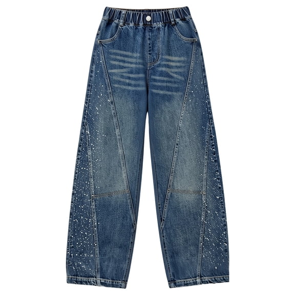 YDFCWXW Girl's Baggy Barrel Jeans Wide Leg Denim Retro Washed Straight Leg Jeans Casual Y2k Streetwear Pants Trouser (Dark Blue, 12-13 Years)