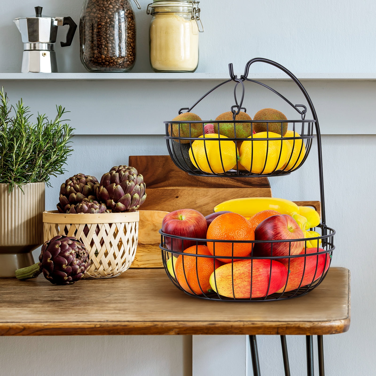 Fruit Basket for Kitchen,2 Tier Fruit and Veggie Storage Basket Holder for  Kitchen Counter Countertop,Black Wire Kitchen Tiered Storage Baskets