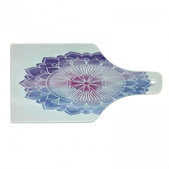 Lotus Cutting Board, Doodle Style Watercolor Flower Bloom Secret Lifestyle Pattern, Decorative Tempered Glass Cutting and Serving Board, Wine Bottle Shape, Violet Blue Fuchsia, by Ambesonne
