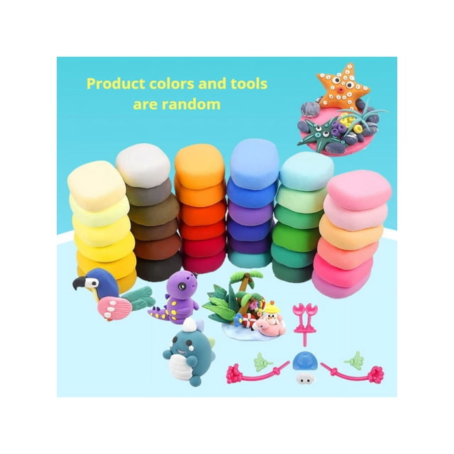 12/24/36 color super light clay set, handmade modeling clay kit, colored mud crafting materials columnas apiladas de discos de plastilina en tonos pastel y brillantes con figuras marinas y plantas modeladas y herramientas plásticas sobre fondo azul claro; material PVC, edades 3+; también suele usarse para proyectos escolares y manualidades creativas.