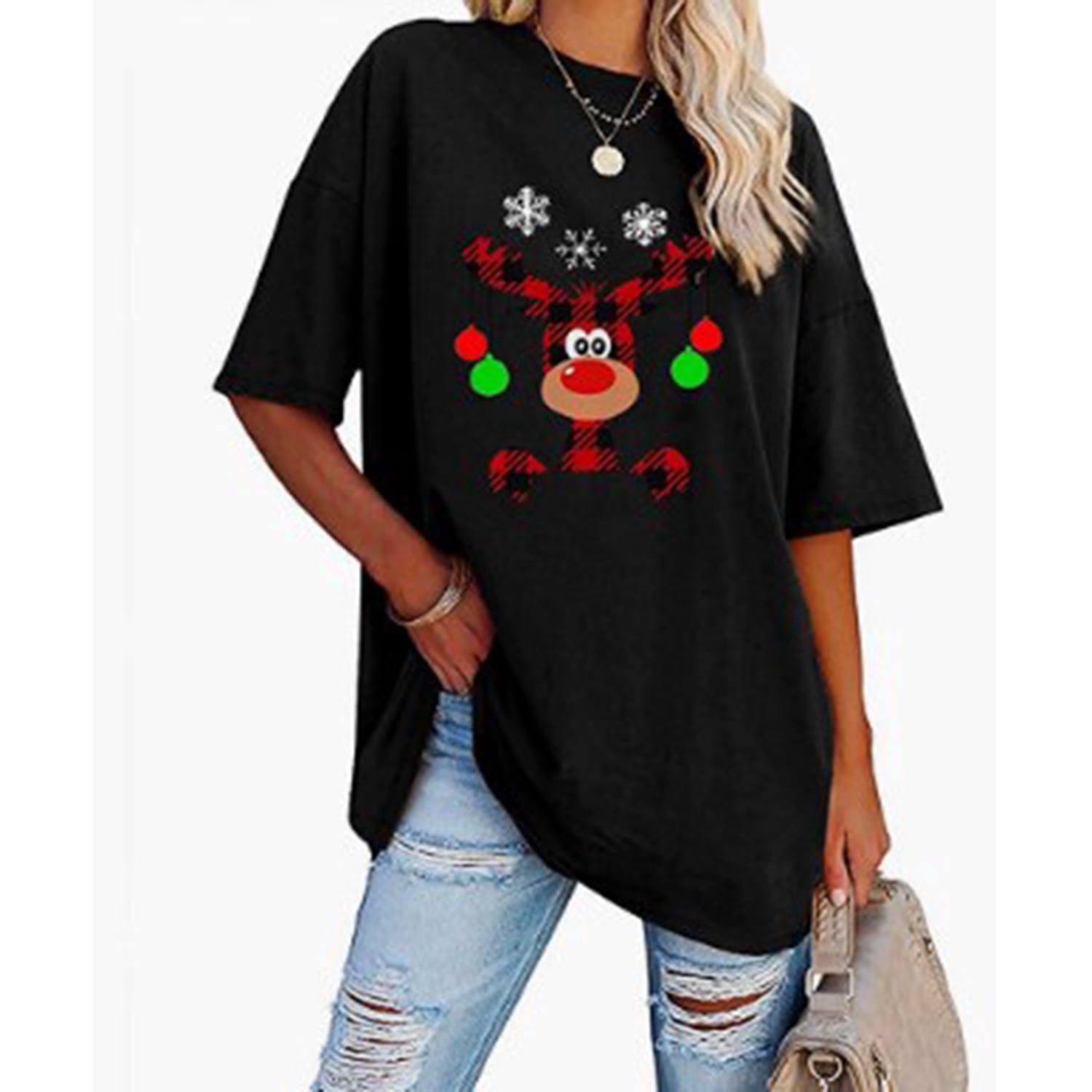 Ruanyu Women Christmas T Shirts Tees Loose Print Oversized Crew Neck