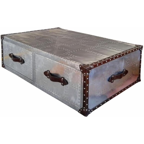 NauticalMart Aviator Leather Steamer Coffee Table with Vintage Storage Drawers Rectangle Aluminum Center Table for Living Room