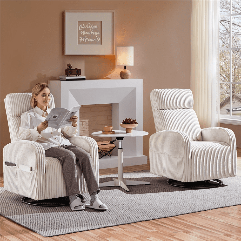Yaheetech Corduroy Swivel Recliner Glider Chair Rocking Chair for Living Room, Beige