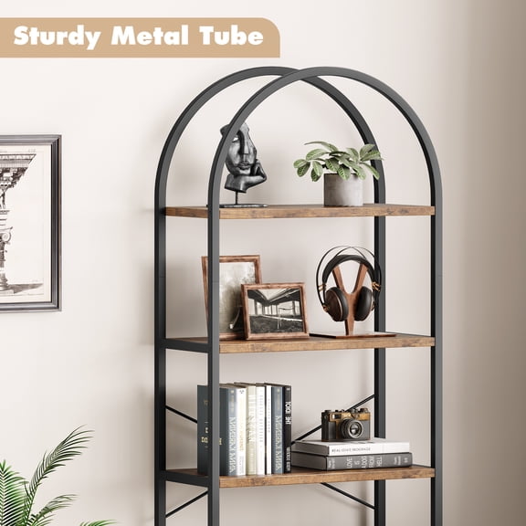 71" Tall Arched 5-Tier Bookshelf, Industrial Open Etagere Bookcase with Storage, Freestanding Metal Frame Shelving- Black frame wood board