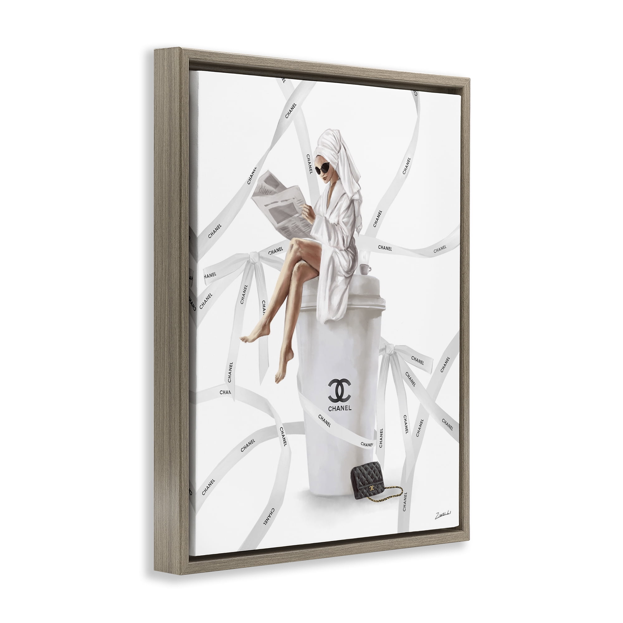 Stupell Industries Spa Girl in Bathrobe Typography Painting Brown Floater Framed Canvas Art Print Wall Art, 25 x 31