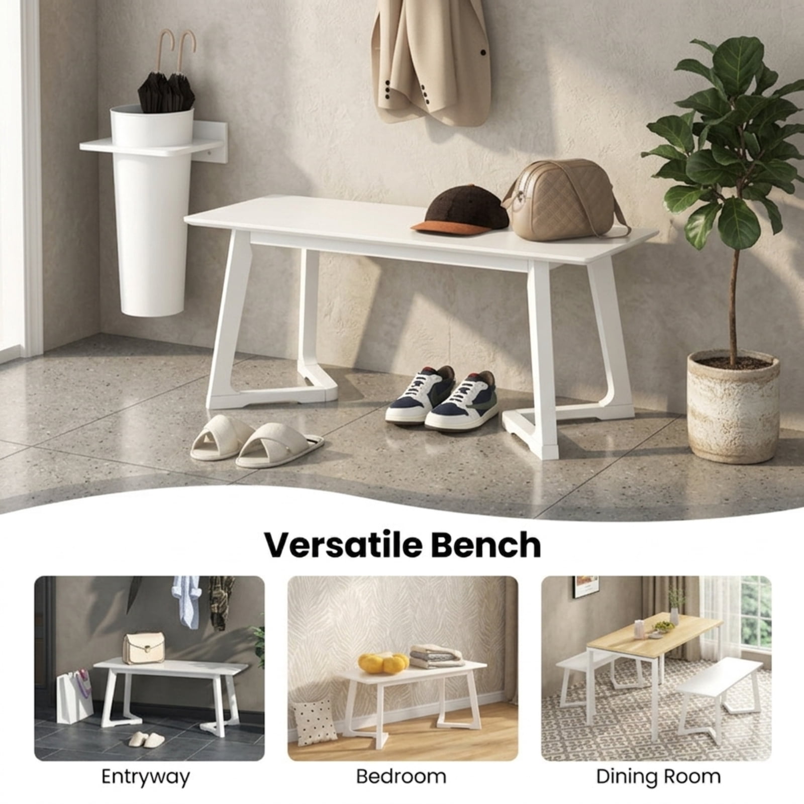 Furnibear 42 Inch Modern Entryway Bench with Solid Rubber Wood Legs and Open Bottom Shelf for Hallway Bedroom Dining Room Shoe Storage, White