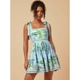thumbnail image 5 of Green Floral Print Square Neck Tie-Shoulder Ruched Mini Dress For Women, 5 of 8