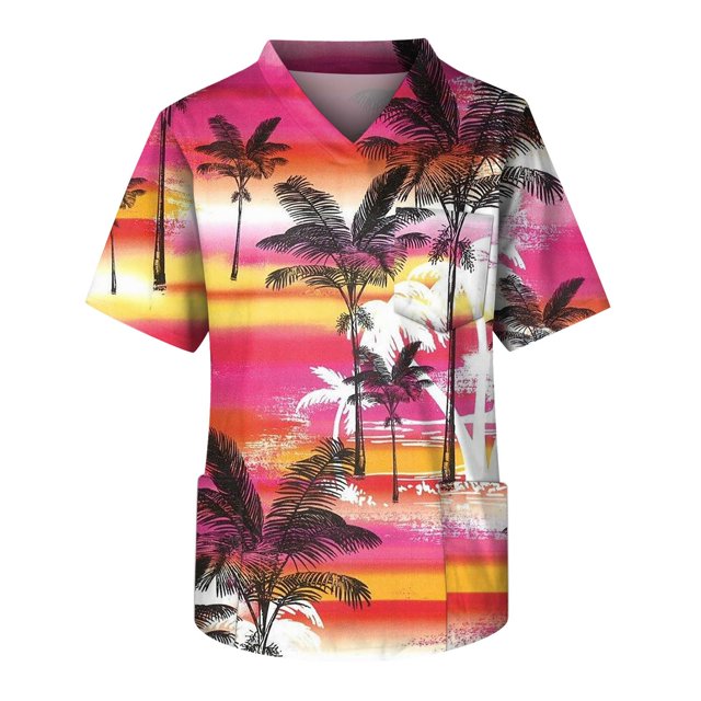 Men's Short Sleeve V-Neck Summer Print Chest Pocket Care Worker Top M