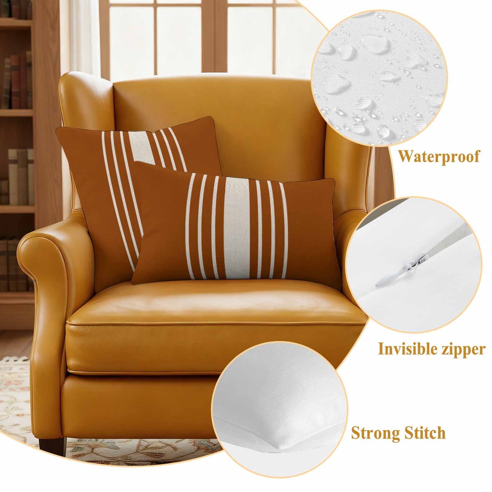 Burnt Orange Beige Striped Outdoor Waterproof Pillow Covers, Modern Farmhouse Retro Lines Decorative Square Throw Pillowcase Sofa Cushion Sham for Patio/Couch/Chair, 20"x20" 2 Pack