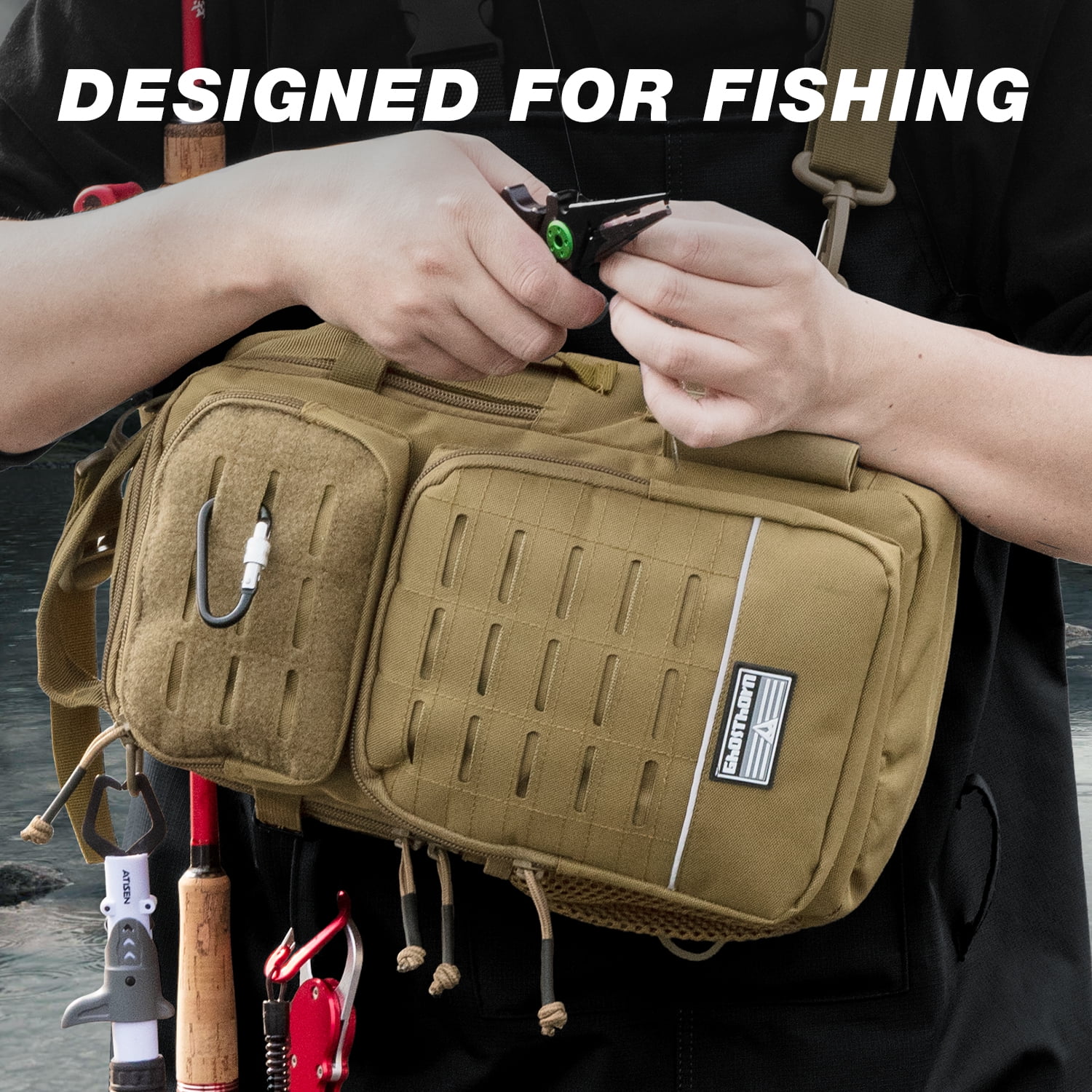 Ghosthorn Fishing Backpack Tackle Sling Bag -Lightweight Sling Tackle Storage Bag- Fishing Backpack with Rod Holder gifts for men