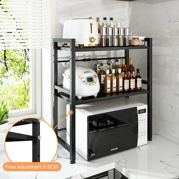 Microwave Oven Rack,3-Tier Expandable Microwave Oven Rack Adjustable Microwave Shelf Stand with 3 Hooks,Carbon Steel Over Microwave Shelf Countertop,Black