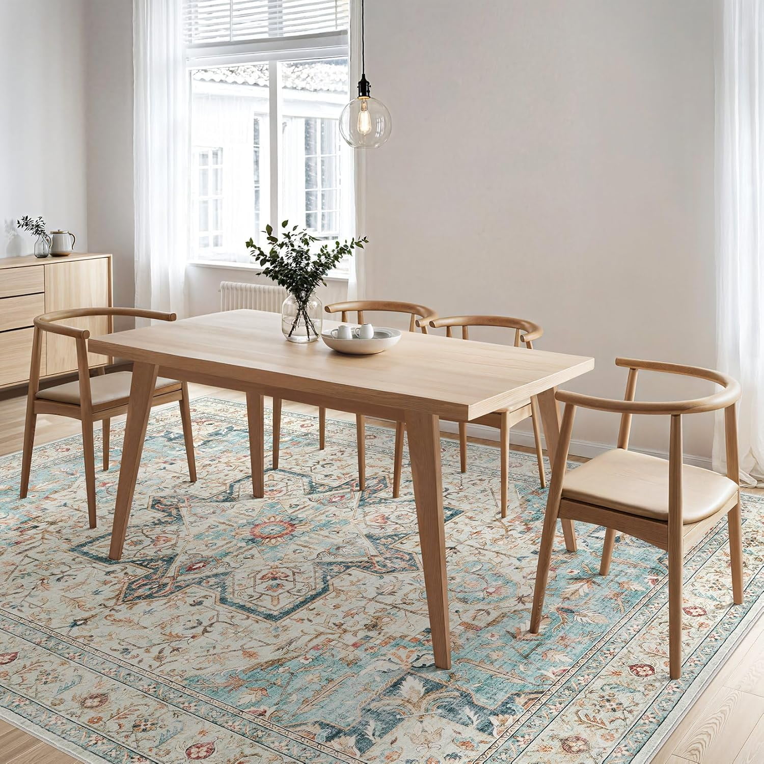 Toyoso 10x14 Area Rug Living Room Rugs - Washable Boho Rug Vintage Oriental Distressed Farmhouse Large Thin Indoor Carpet for Living Room Bedroom Under Dining Table Home Office - Aqua Multi