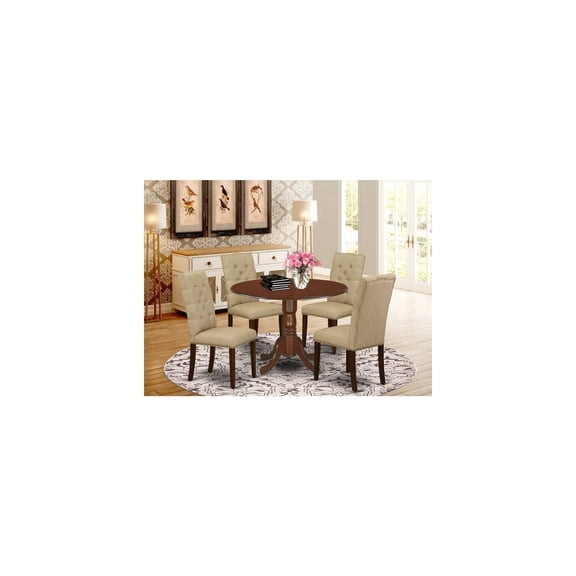 Round Kitchen Table Set with 4 Parsons Chairs - Dark Khaki Linen Fabric Dining Set - Mahogany Finish