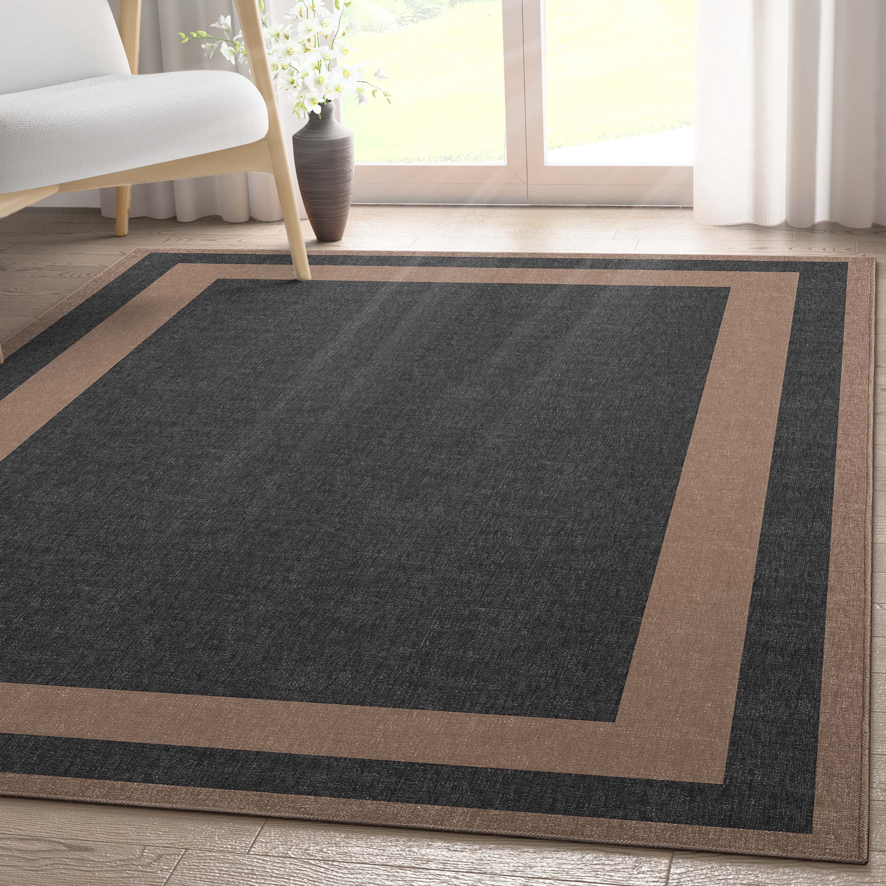 Well Woven Modern Plain Border Black Flat Pile Easy to Clean 3'3" x 5' Area Rug for Living Room Dining Room Bedroom and Kitchen