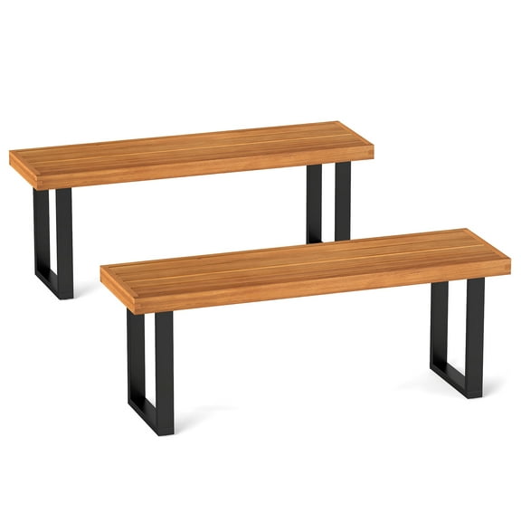 Topbuy 2 Person Acacia Wood Patio Bench Set of 2 48" Long Dining Bench w/ Metal Legs