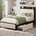thumbnail image 4 of Eastvita GAOMON Twin Bed Frame Rustic Velvet Upholstered with 2 Storage Drawers/Charging Station/Storage Headboard. No Box Spring/Easy Assembly/Noise Free, 4 of 6
