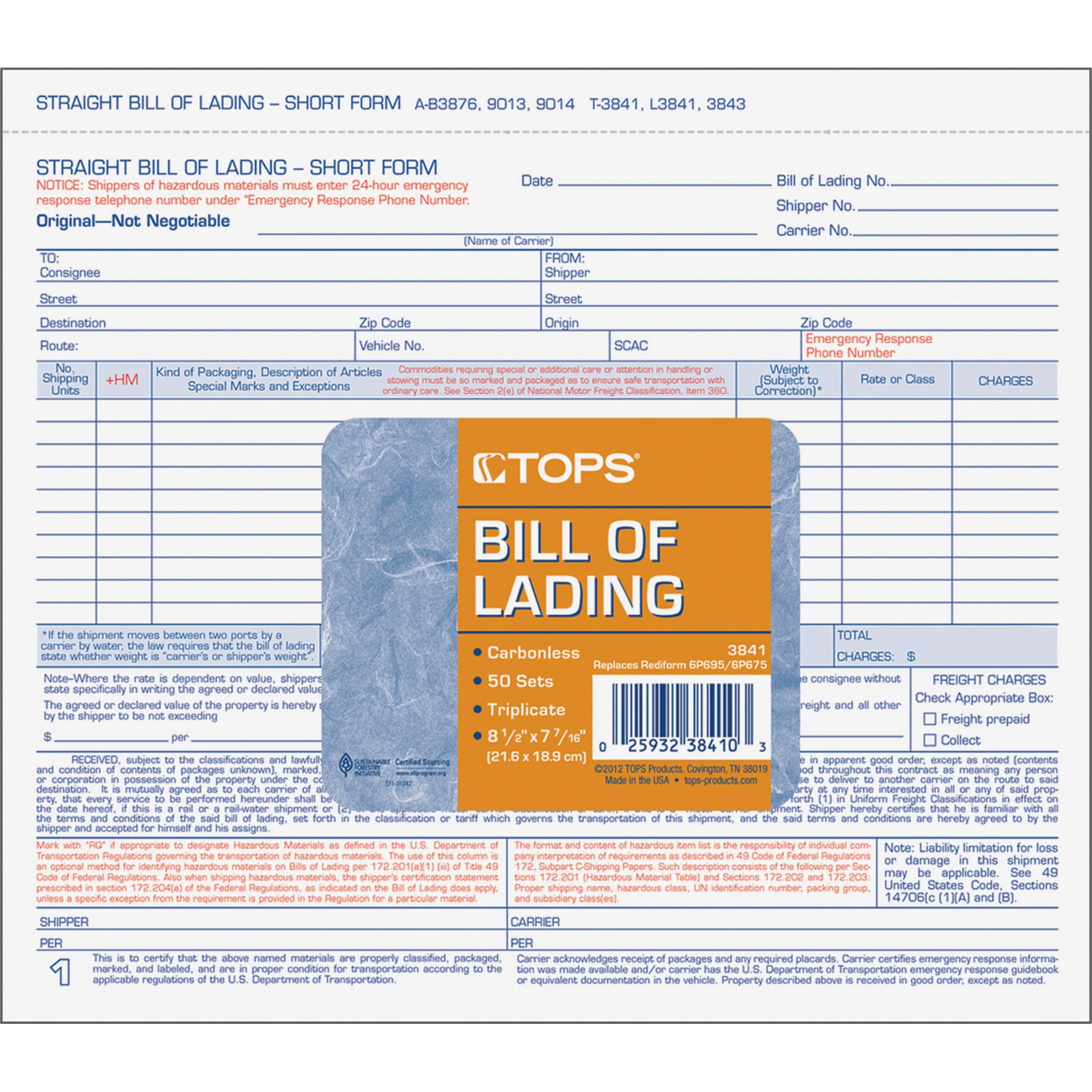 TOPS, TOP3841, Bills of Lading Snap-off Sets, 50 / Pack