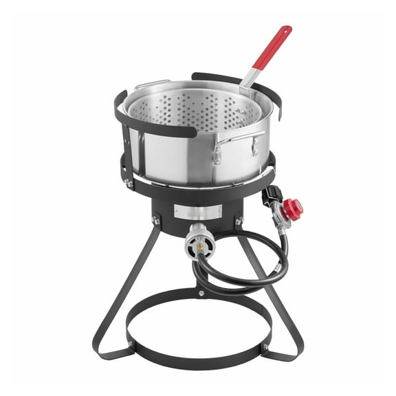 10 Qt Propane Fish Fryer Kit - Outdoor Deep Fryer for Wings, Shrimp, & More - 54,000 BTU Aluminum Deep Fryer with Basket & Thermometer - Camping & Party Cooking