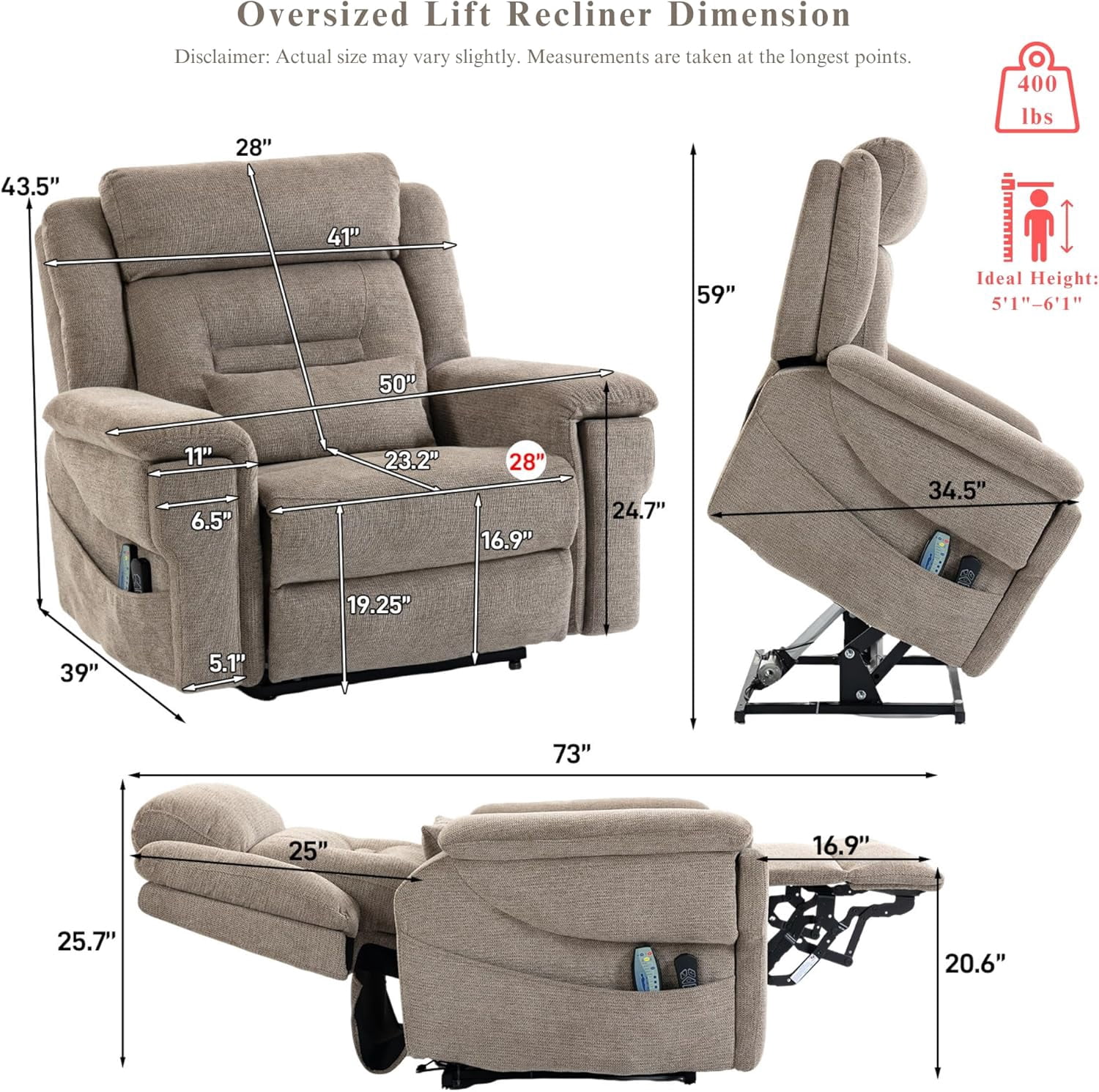 Power Lift Recliner for Elderly 28 Inch Wide Seat, Lay Flat Lift Chair with Heat Massage, Cup Holder & Wireless Phone Charger, USB Type C Charging, Big Tall 400 lbs
