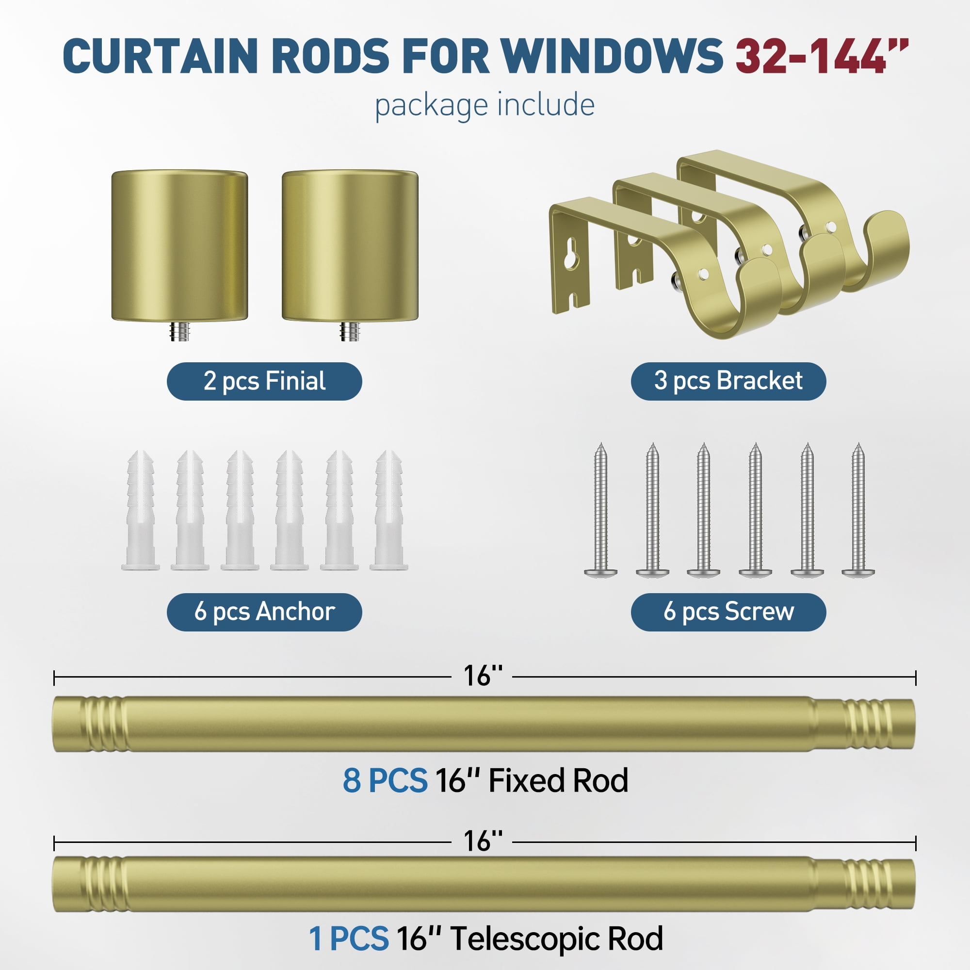 Gold Curtain Rods for Windows 48 to 144 inches, Adjustable Length Curtain Rod with Metal Finials, 1 inch Diameter Heavy Duty Drapery Rod for Modern Decor Bedroom Kitchen Living Room