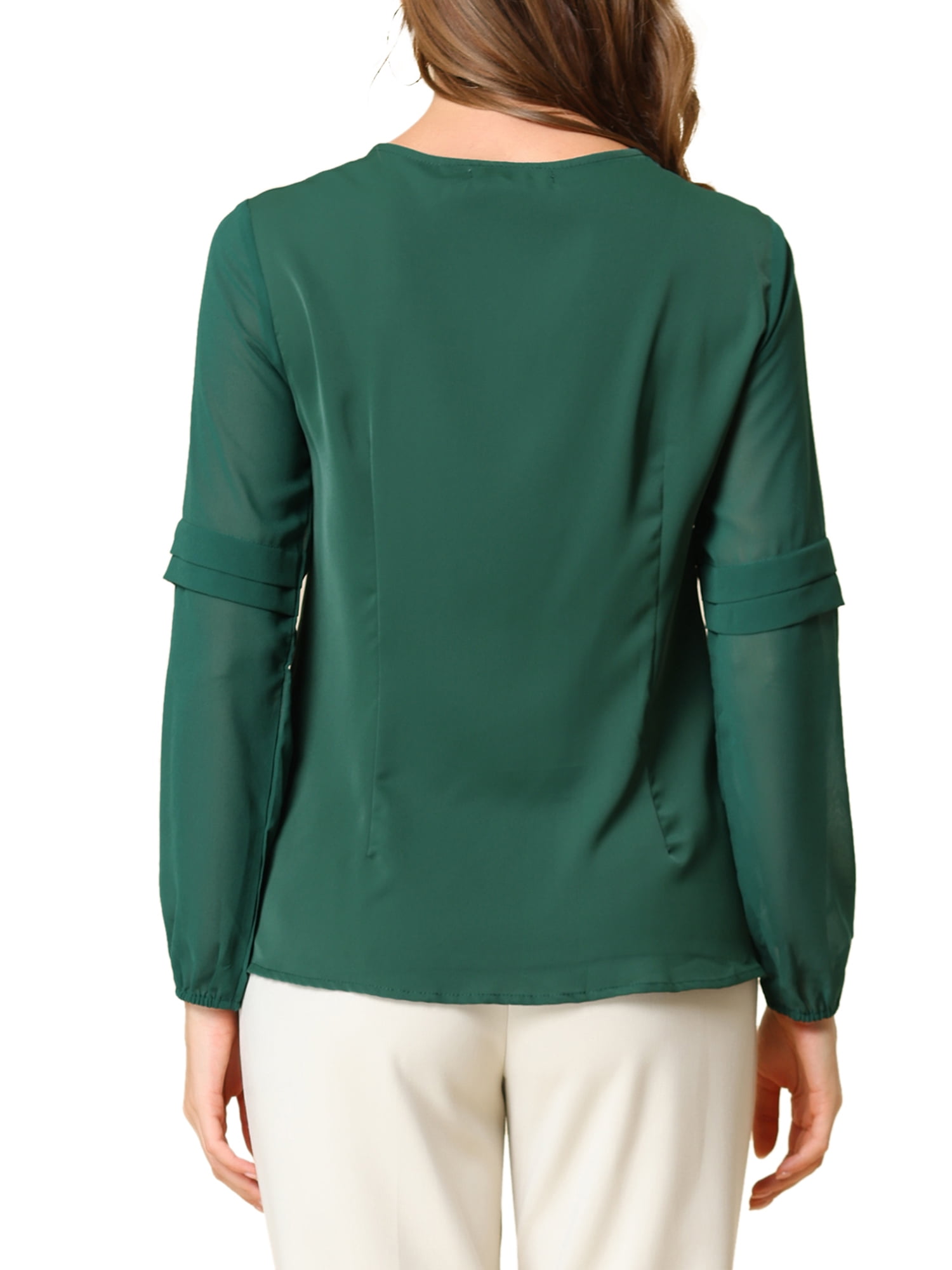 Unique Bargains Women's Chiffon Semi Sheer Long Sleeves Keyhole Neck Blouse M Dark Green