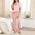 thumbnail image 2 of Enjoytime Pajamas for Women Solid Color V-Neck Short Sleeve Tops with Long Pants 2 Piece Sets Soft Comfy Loungewear Sleepwear, 2 of 7