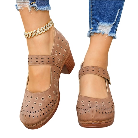 Domuza Womens Perforated Mary Jane Block Heel Shoes, Adjustable Hook-and-Loop Strap Closed Toe Breathable Casual Comfortable Walking Footwear Brown 7.5（EU-39）