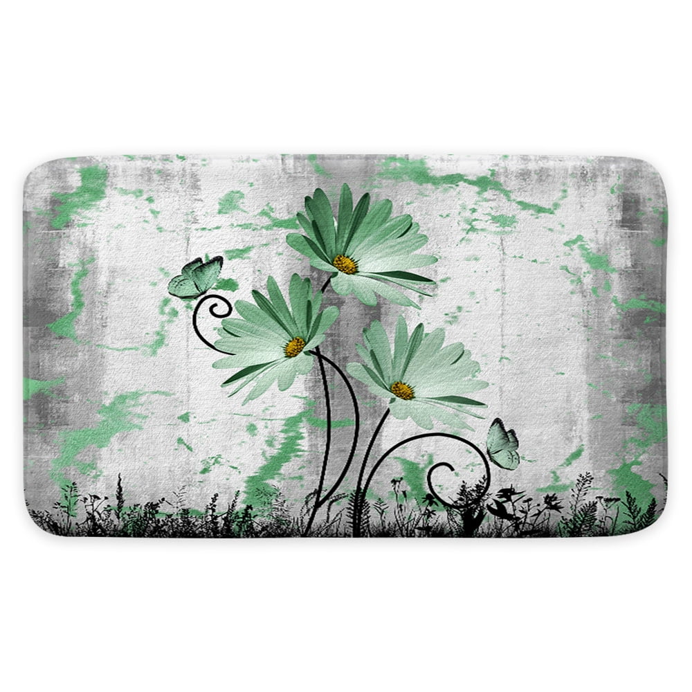Rustic Farmhouse Bath Rug, Farm Sage Green Grey Daisy Floral Flowers and Butterfly on Country Wooden Bath Mat, Sea Foam Green Kitchen Rug Floor Mat Soft Non Slip Runner Carpet Indoor Doormat 19X31N