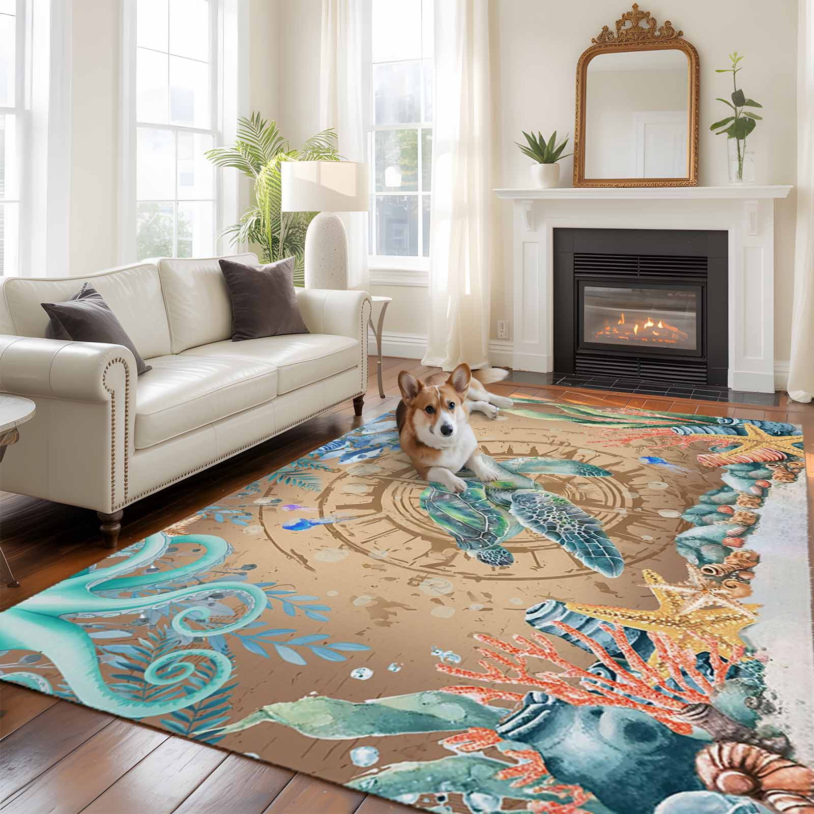 5'x7' Area Rugs for Living Room Bedroom, Sea Turtle Coastal Washable Rug Carpet Runner Indoor Outdoor, Summer Nautical Starfish Coral Brown Anchor Non Slip Floor Mats Area Rug for Kitchen, Nursery