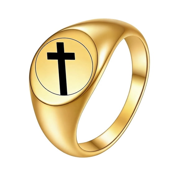 PAURO Women Stainless Steel Oval Ring 12mm Signet Rings with Round Cross Pattern Statement Ring Gold Size 5