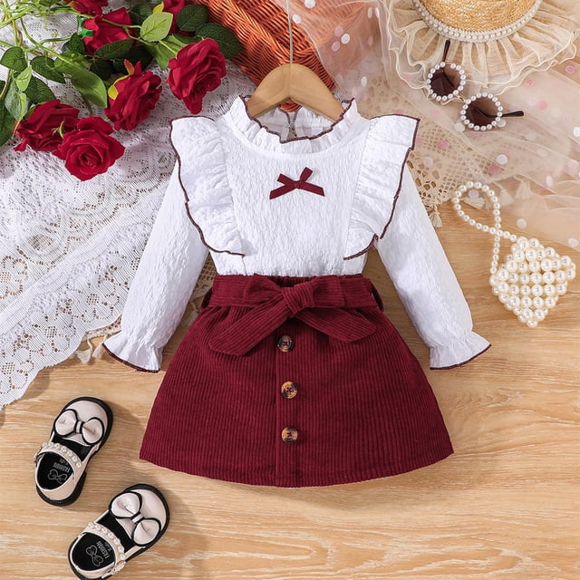 RXIRUCGD Ensemble Jupe à Manches Longues Col Rond Mode Printemps et Automne pour Fille (Rouge, Taille: 3 Ans)
