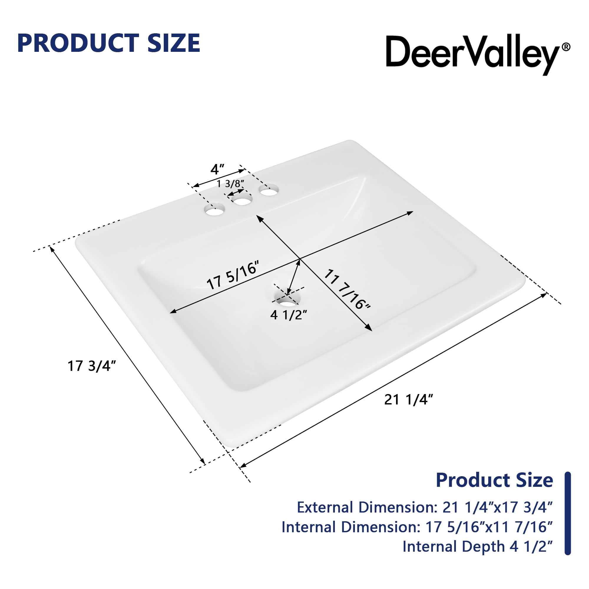 DeerValley DV-1DS0122 21" x 18" White Rectangle Vitreous China Drop In Bathroom Sink With Overflow
