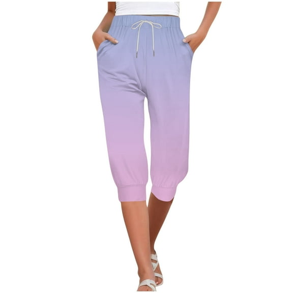 WENWU Pants for Women Casual Pants Light Purple Yoga Pants Lounge Pants for Women Loose Fit Elastic Pants for Women with Pockets Summer Pants