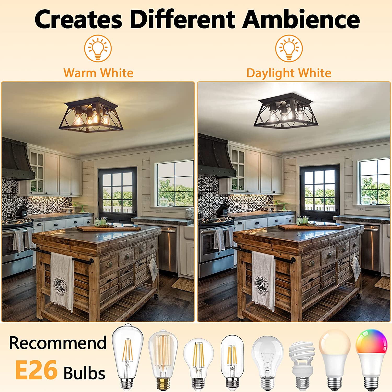 4 Light Industrial Semi Flush Mount Ceiling Light Rustic Farmhouse Ceiling Light Fixture for Entryway Kitchen by PYNSSEU, NO BULBS