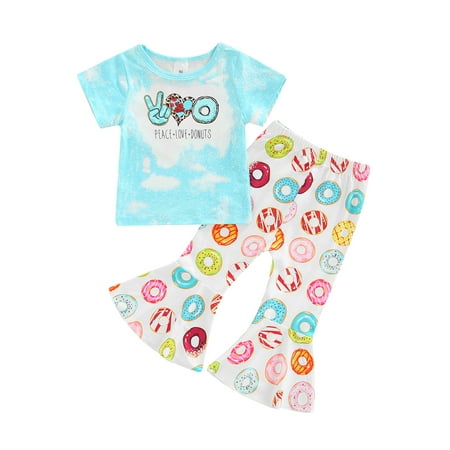 

CenturyX Newborn Baby Girls Causal 2pcs Clothes Suit Blue Letters Doughnut Print T-shirt Bell Bottom Pants Blue 5-6 Years