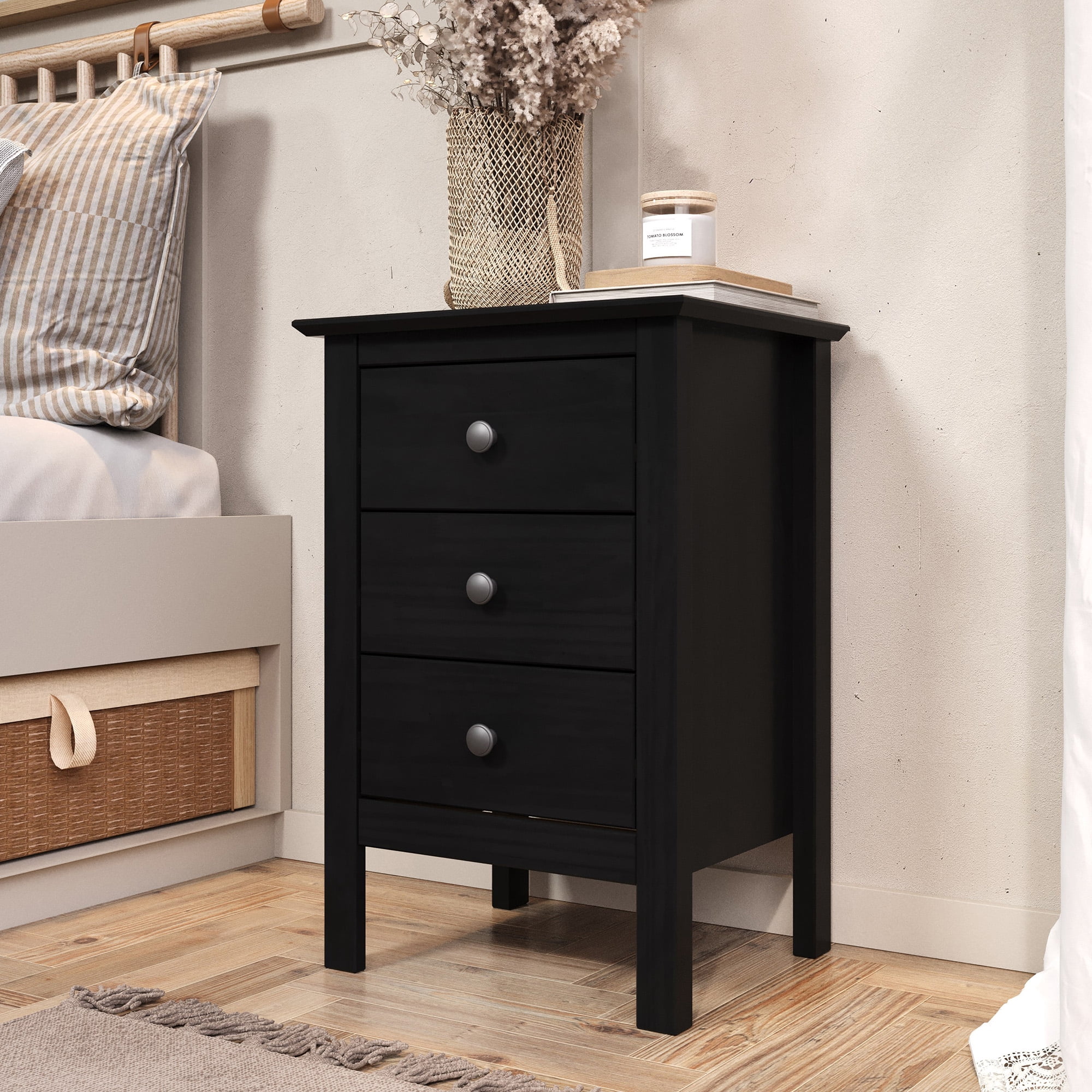 JelaThree Drawer End Table/Nightstand Black