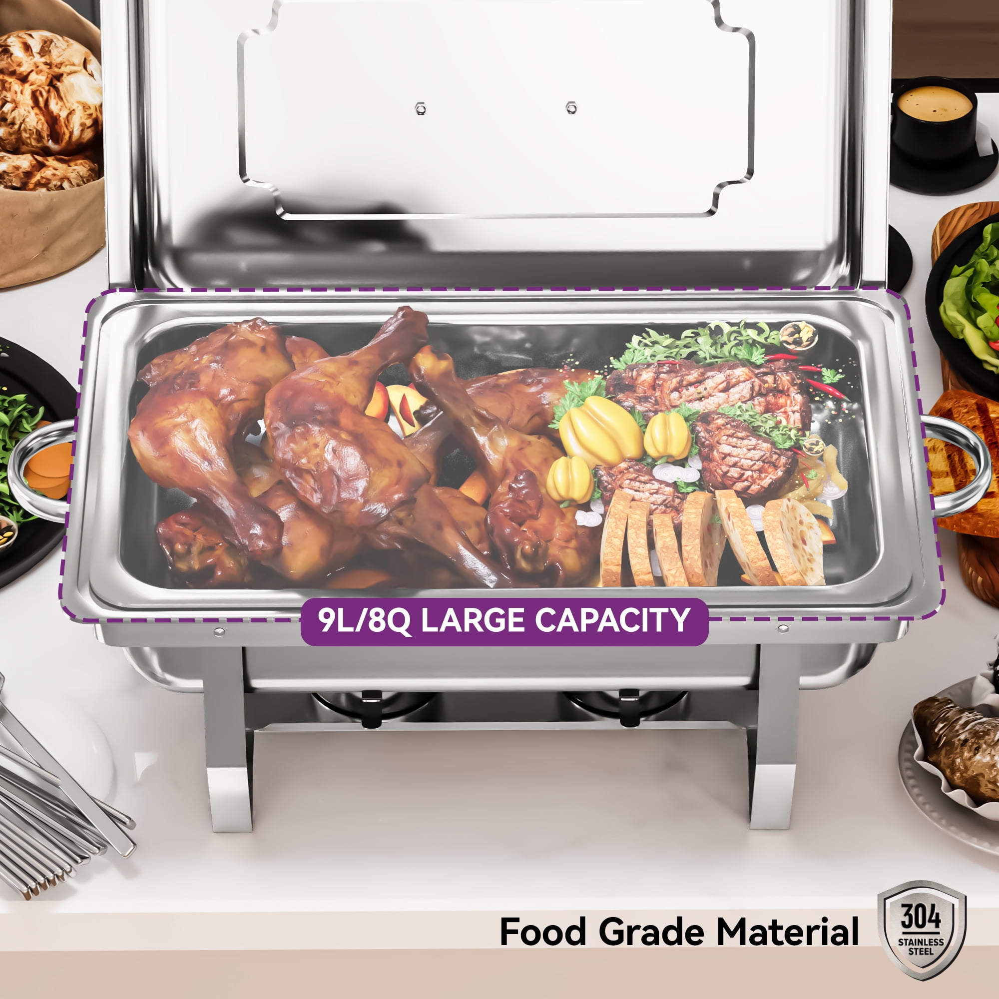 Dextrus 9L/9.5Q 6Pack Chafer Chafing Dish Buffet Sets Stainless Steel Serving Dish Catering Pans Food Warmer Full Size Rectangular Party Chafing Set