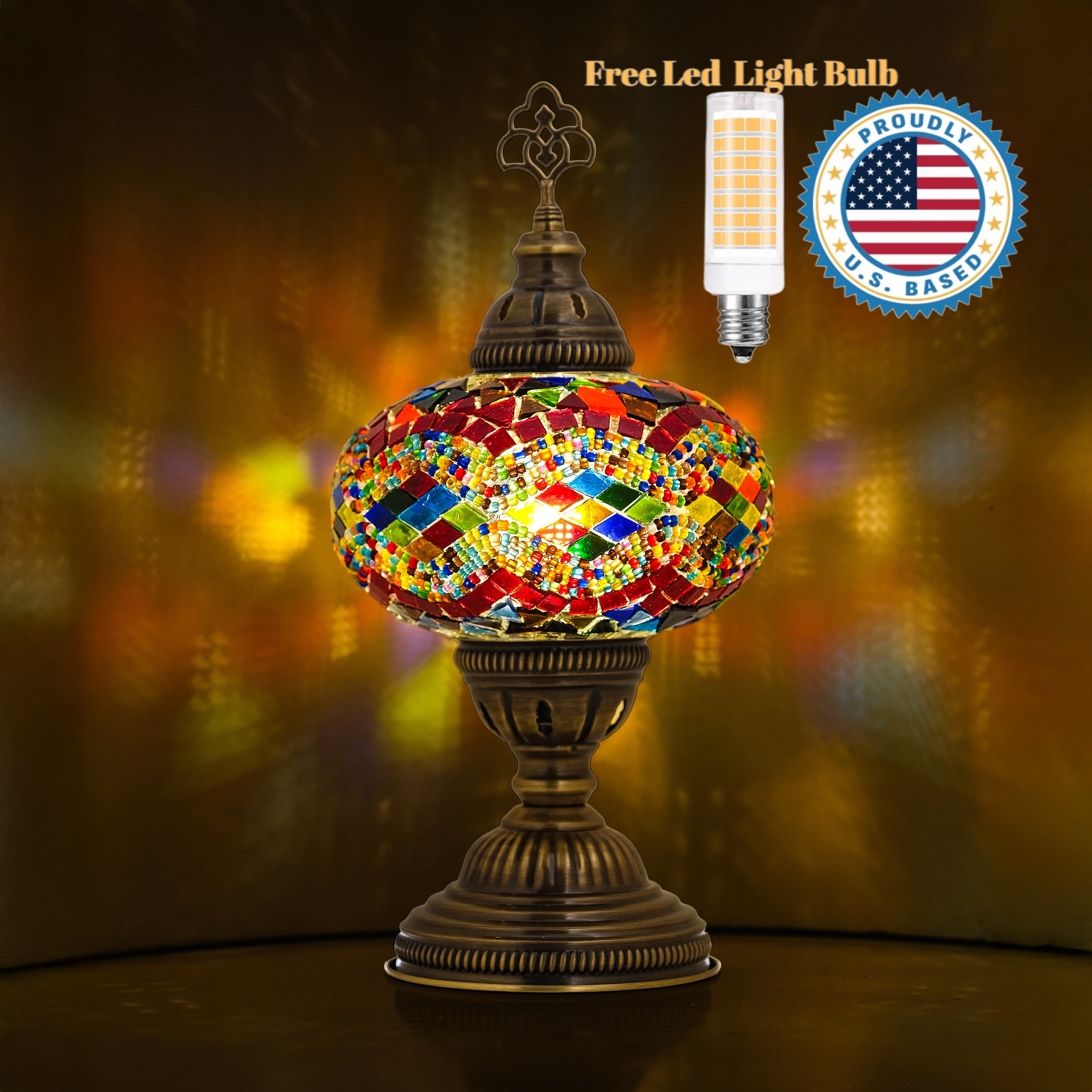 Mozaist Turkish Mosaic Table Lamp, Multi Color Hand Made Table Lamp with Led Light Bulb