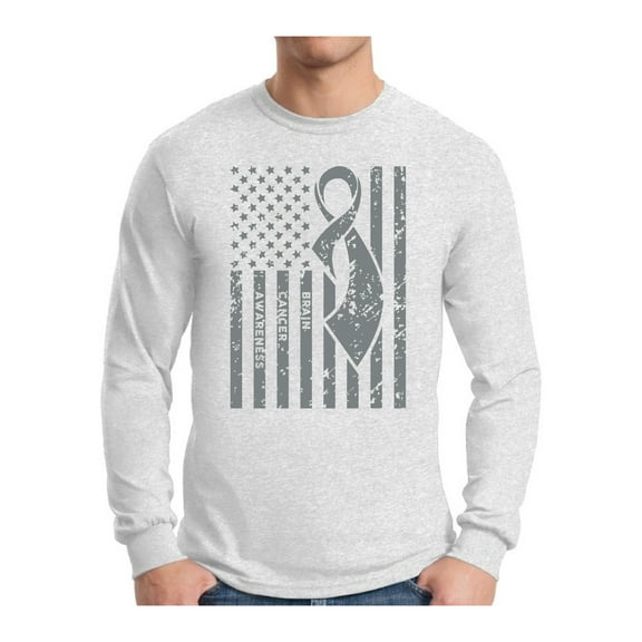 Awkward Styles Men's Brain Cancer Awareness Graphic Long Sleeve T-shirt Tops Gray Ribbon