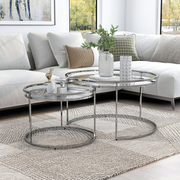Ensigne Metal Round Nesting 2-Piece Table Set, Chrome and Clear
