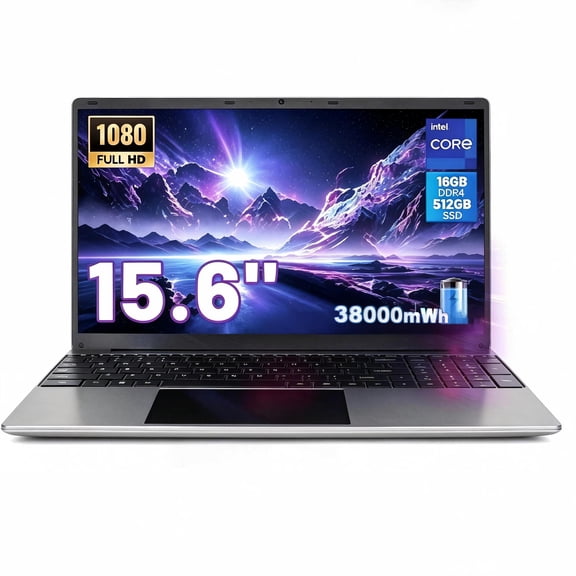 AEEZO 15.6" Laptop Computer, Intel Celeron N5095 Quad-Core,16GB RAM 512GB SSD,1080P FHD,38000mAh Battery,WiFi,Bluetooth,Type-C,TF Card,Gray