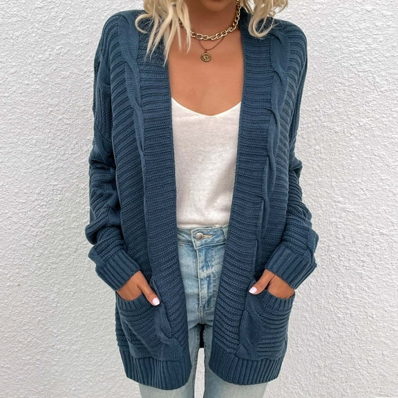 CEHVOM Women's Autumn Winter Solid Color Pocket Long Sleeve Cardigan Sweater Jacket Tops