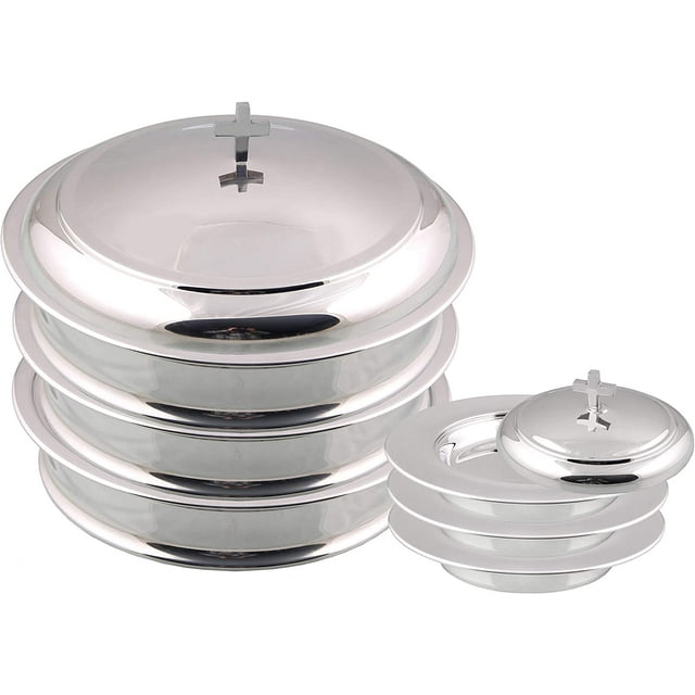 Communion Ware 3 Holy Wine Serving Tray With A Lid & 3 Stacking Bread Plate With A Lid -Stainless Steel (Mirror Finish)