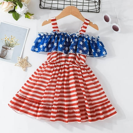 

ADXFWORU Toddler Girls Sleeveless Independence Day Stars Striped Printed Dress 4th Of July Kids Ruffles Princess Dresses