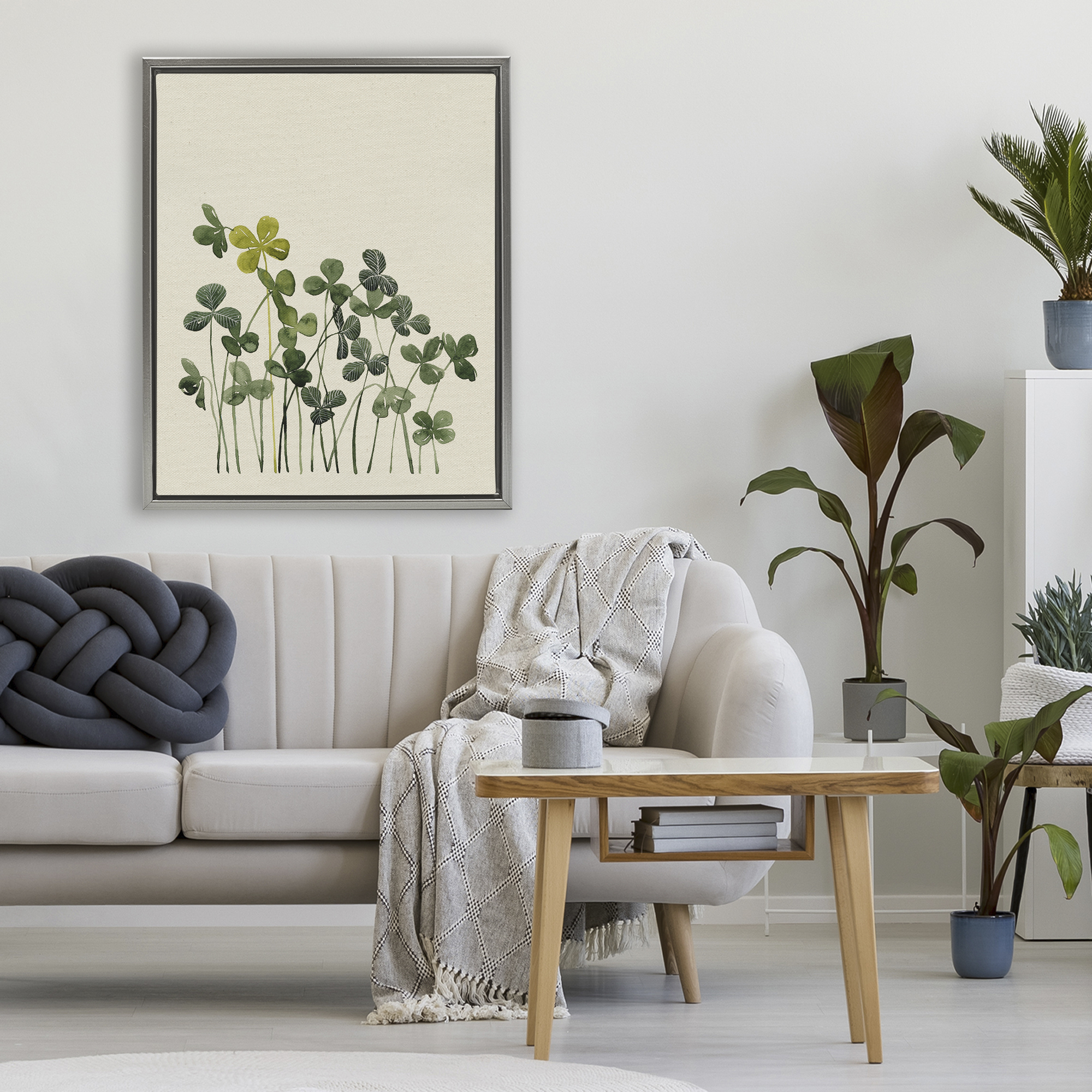 Hidden Gems Clovers Gray Framed Floater Canvas Wall Art, design by Grace Popp
