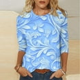thumbnail image 2 of Women's Plus Size Floral Tops 3/4 Length Casual T-shirts Graphic Printed Crewneck Tees Tshirts Summer Fall (S, Sky Blue), 2 of 7