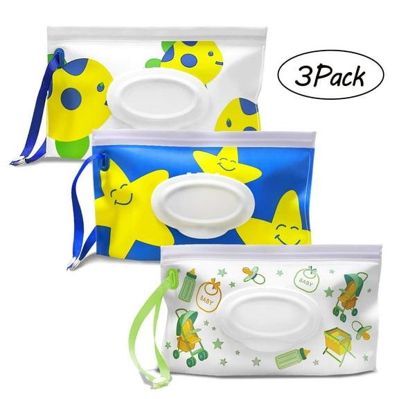 AMERTEER 3 Pack Portable Wet Wipe Pouch Reusable & Refillable Baby Wipes Dispenser, Eco Friendly and Lightweight Handy Travel Diaper Wipes Carrying Case Holder | Keeps Wet Wipes Moist