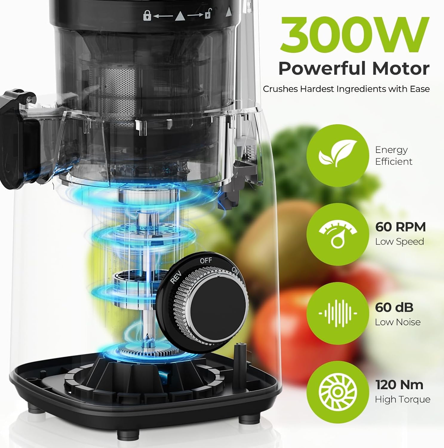 WAA 300W Cold Press Juicer 5.4" Extra Wide Feed Chute,98% High Yield,Compact Easy Clean for Whole Vegetables & Fruits